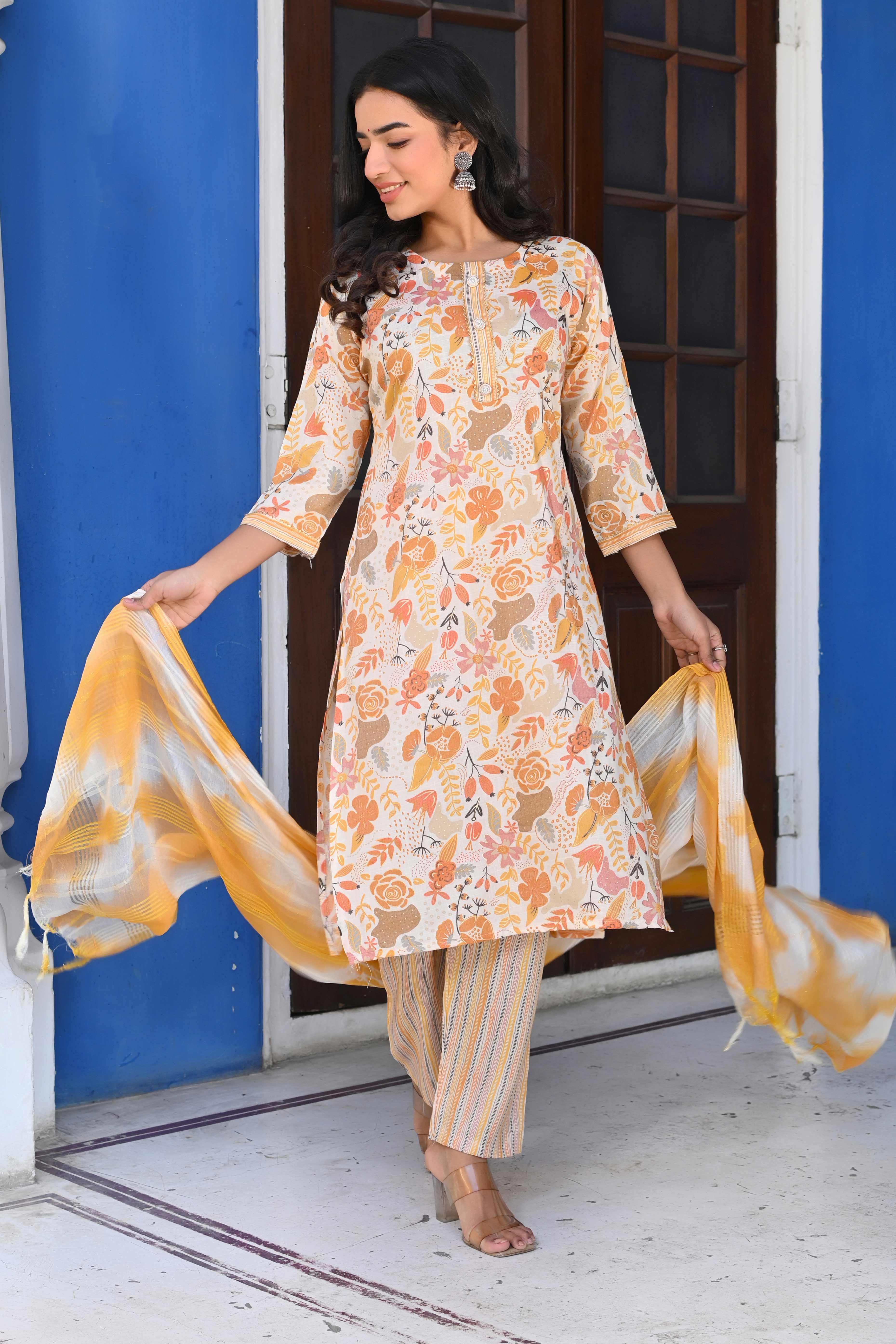 Cream & Yellow Floral Foil Printed Rayon Salwar Suit
