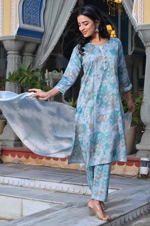 Grey & Turquoise Floral Foil Printed Rayon Salwar Suit