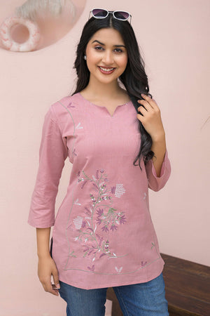 Peach Straight Fit Cotton Top with Intricate Floral Embroidery