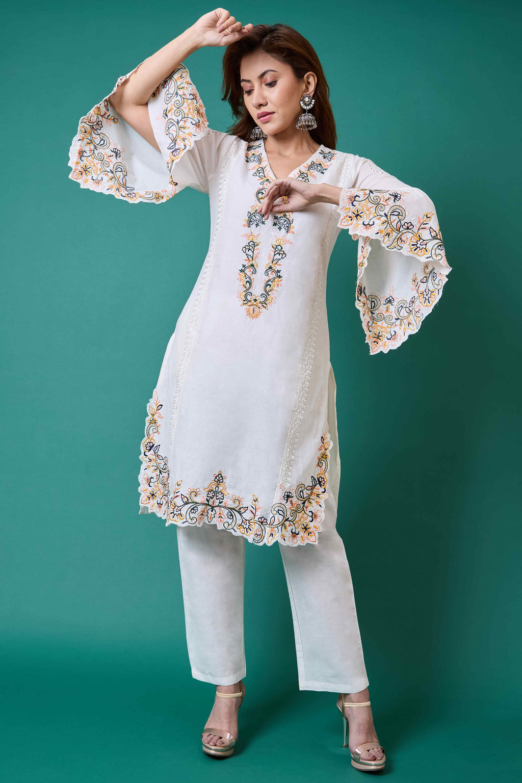 Off White Kora cotton Collar Neck Side Panel Stylish Coord set with Embroidery work on it main image 0