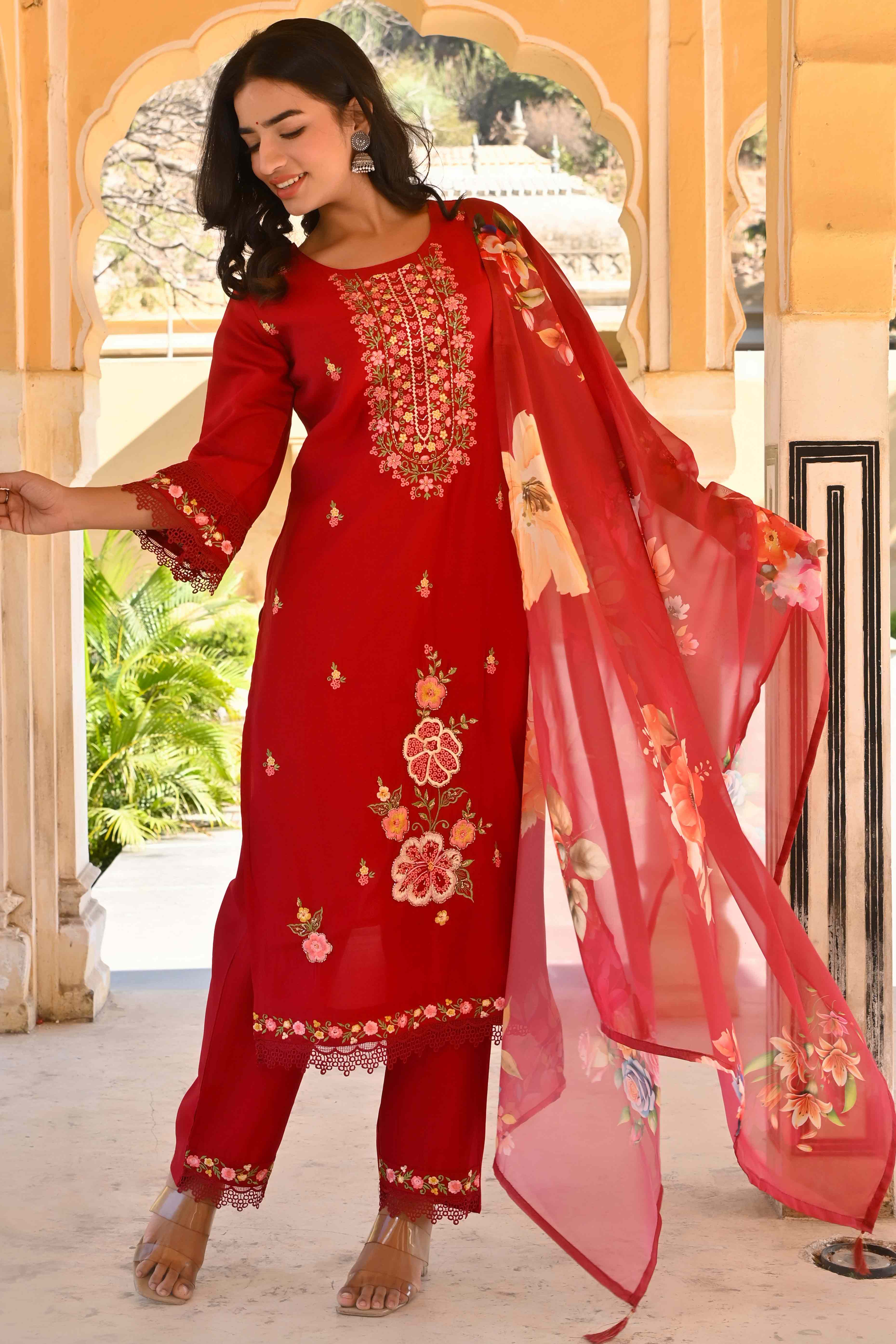 Maroon Floral Embroidered Chanderi Silk Salwar Suit