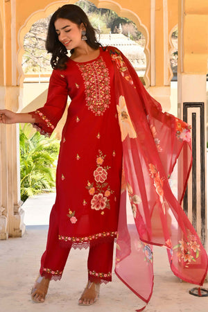 Maroon Floral Embroidered Chanderi Silk Salwar Suit