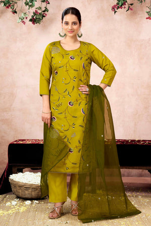 Lime Yellow Floral Embroidered Muslin Straight Salwar Suit