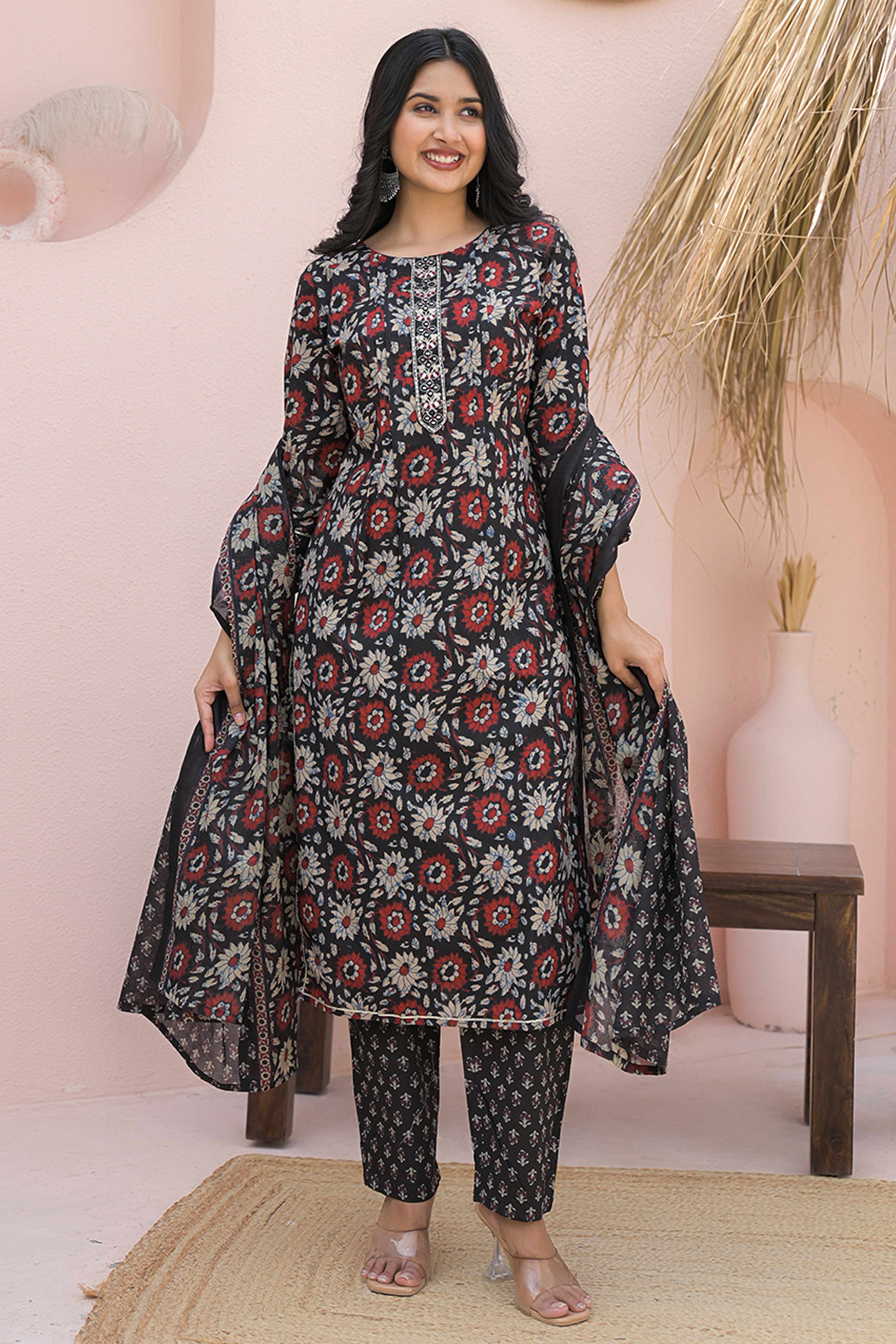 Black Floral Printed Salwar Suit in Breathable Pure Cotton for Effortless Style