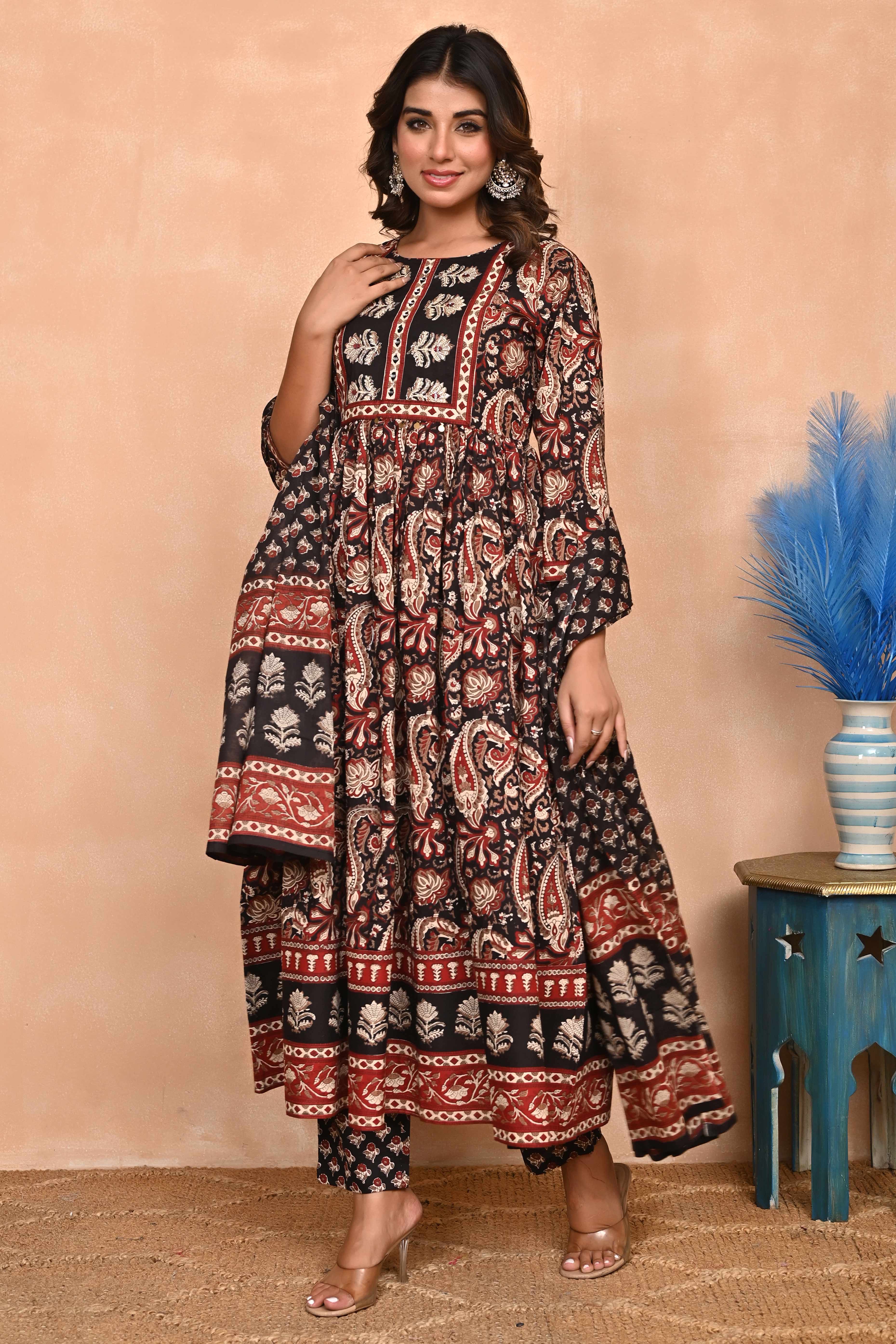 Regal Black Paisley Anarkali Suit in Breathable Cotton Fabric for Effortless Style
