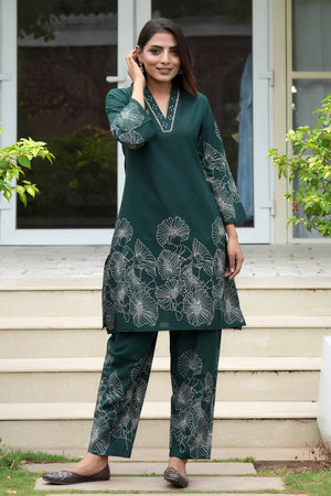 Stylish A-Line Cotton Co-Ord Set in Bottle Green with Floral Prints