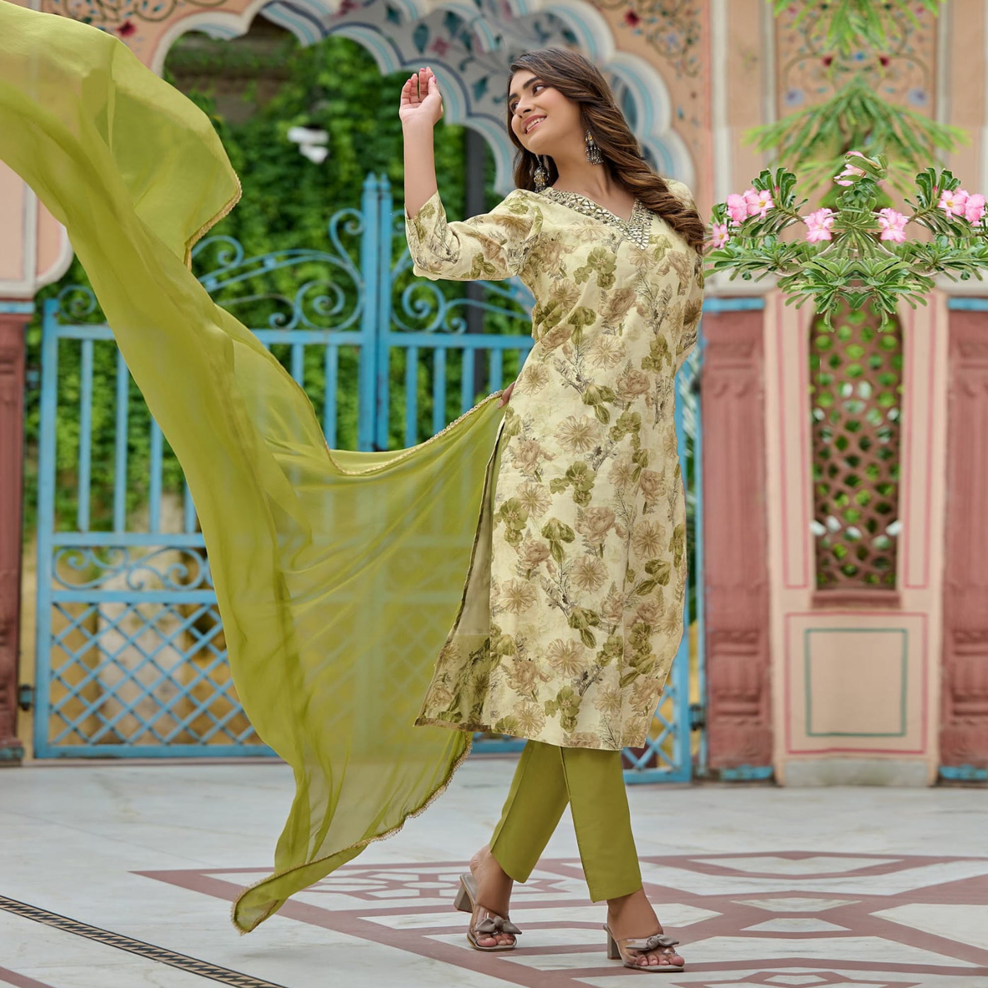 Pista Green Floral Foil Printed Chanderi Suit