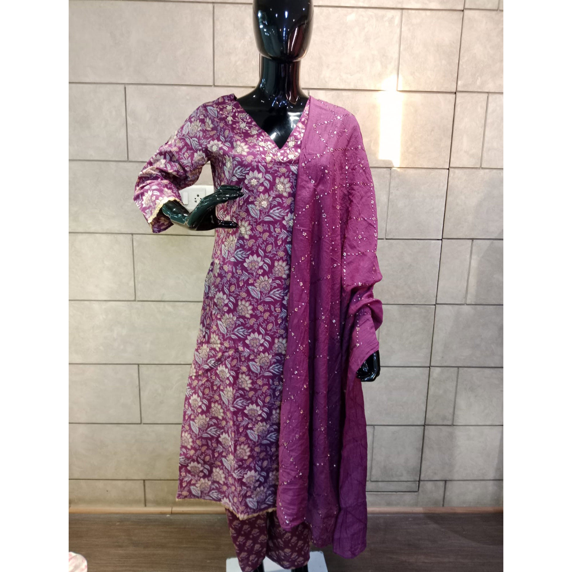 Purple Floral Printed Pure Cotton A-Line Salwar Suit