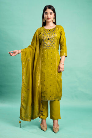 Olive Stone Work Weaving Pure Viscose Salwar Suit