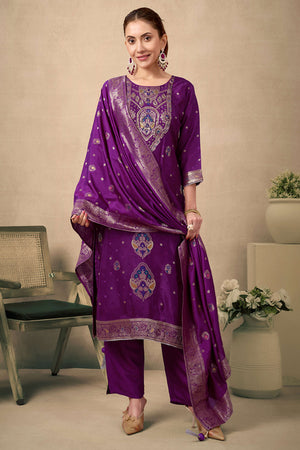 Wine Colored Viscose Jacquard Silk Straight Salwar Suit With Zari Weaving And Stone Work.