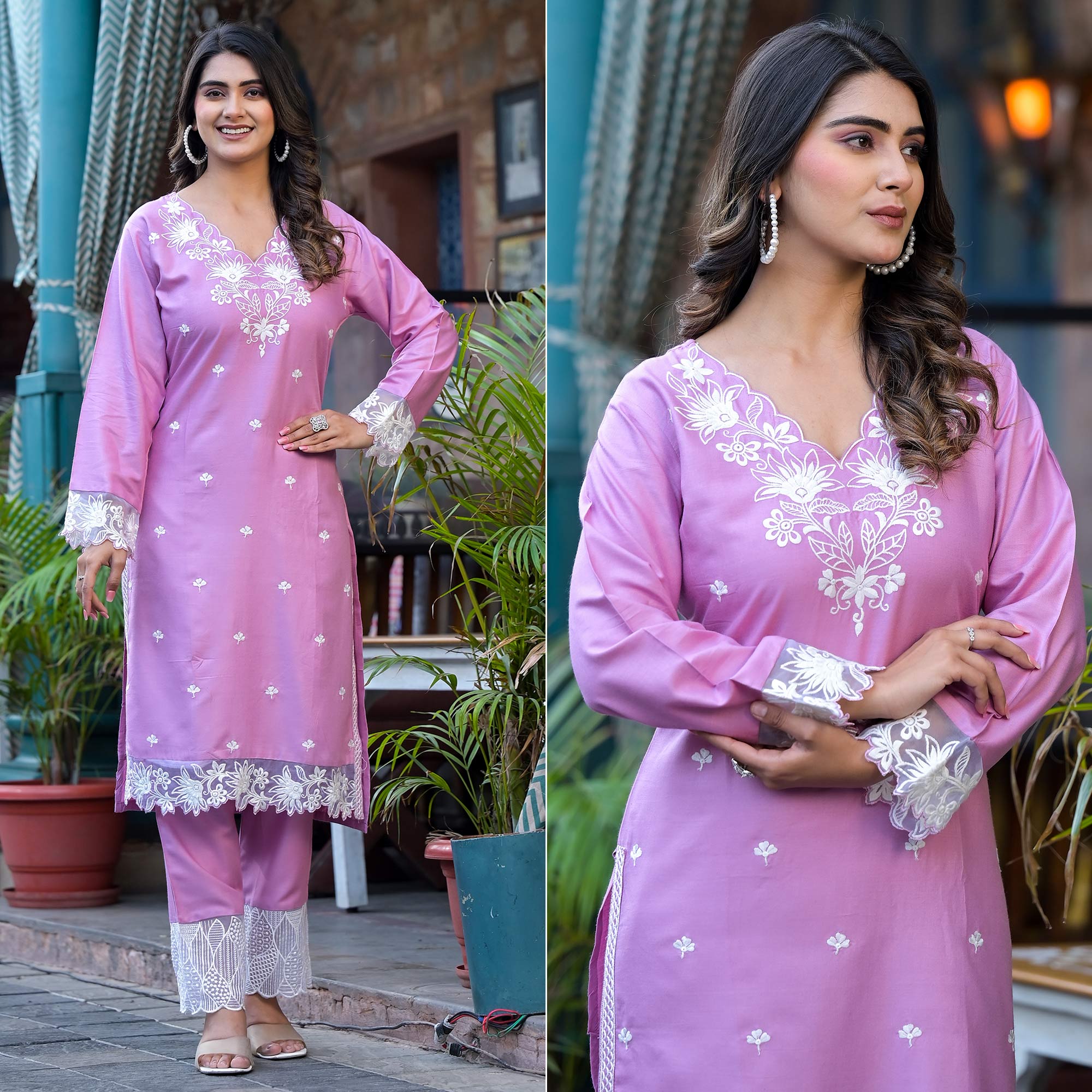 Pink Embroidered Rayon Straight Kurti Sets