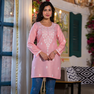 Peach Embroidered Rayon Straight Top