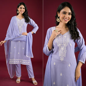 Bluish Lavender Floral Embroidered Rayon Salwar Suit