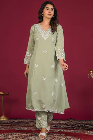 Sea Green Floral Embroidered Chanderi Top Bottom Set