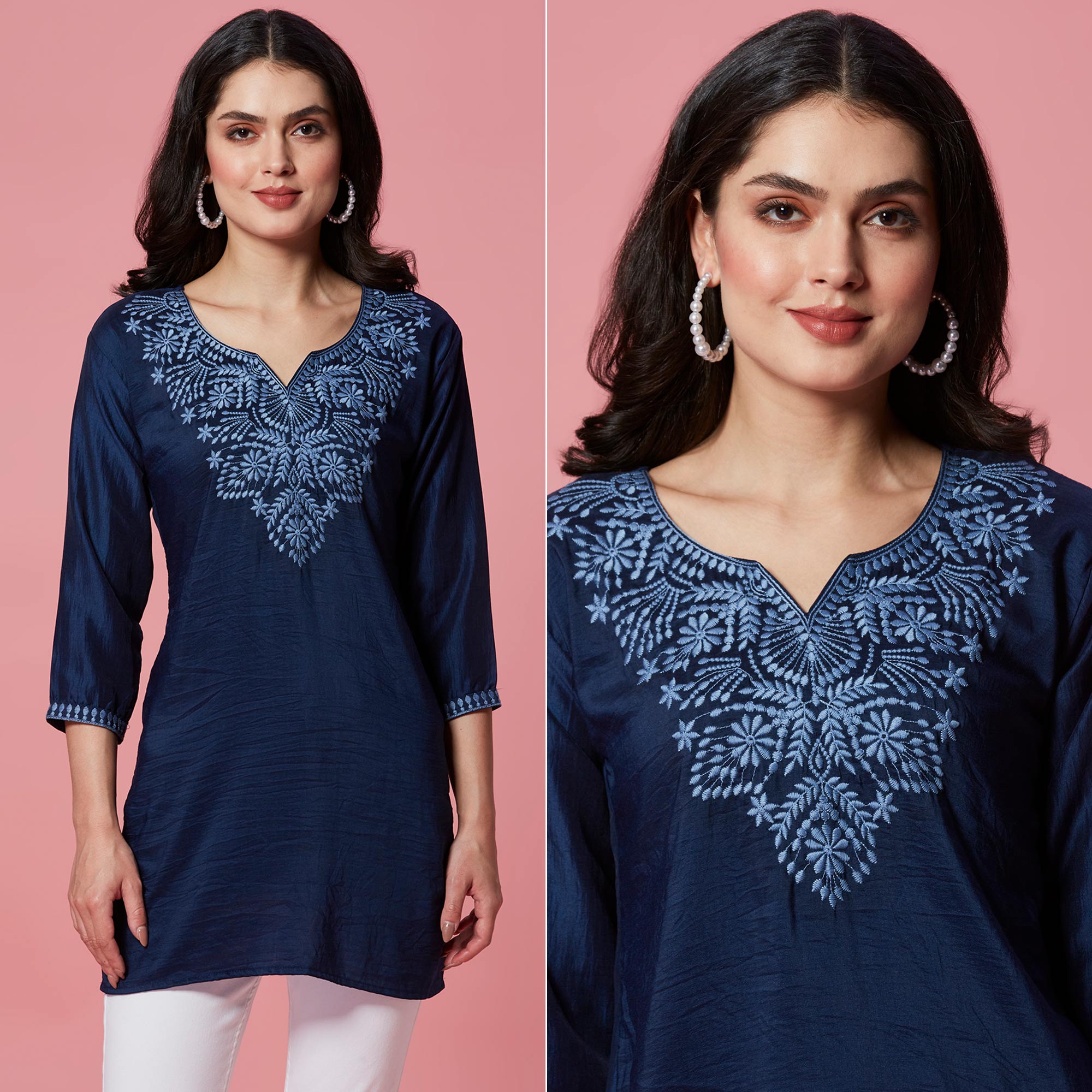 Dark Blue Embroidered Cotton Blend Top