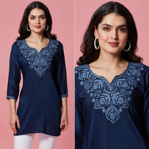 Dark Blue Embroidered Cotton Blend Top