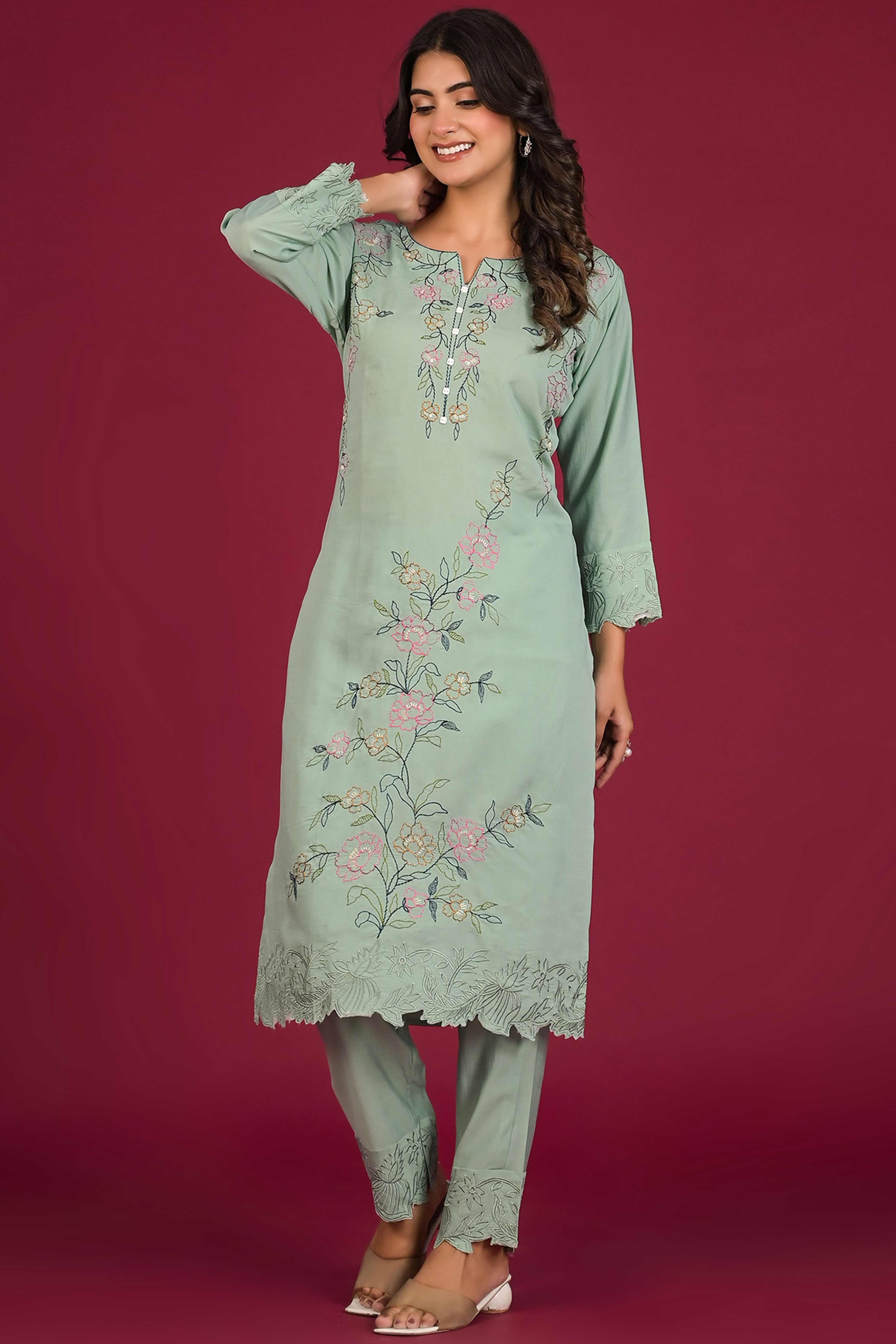 Pista Green Floral Embroidered Chanderi Top Bottom Set
