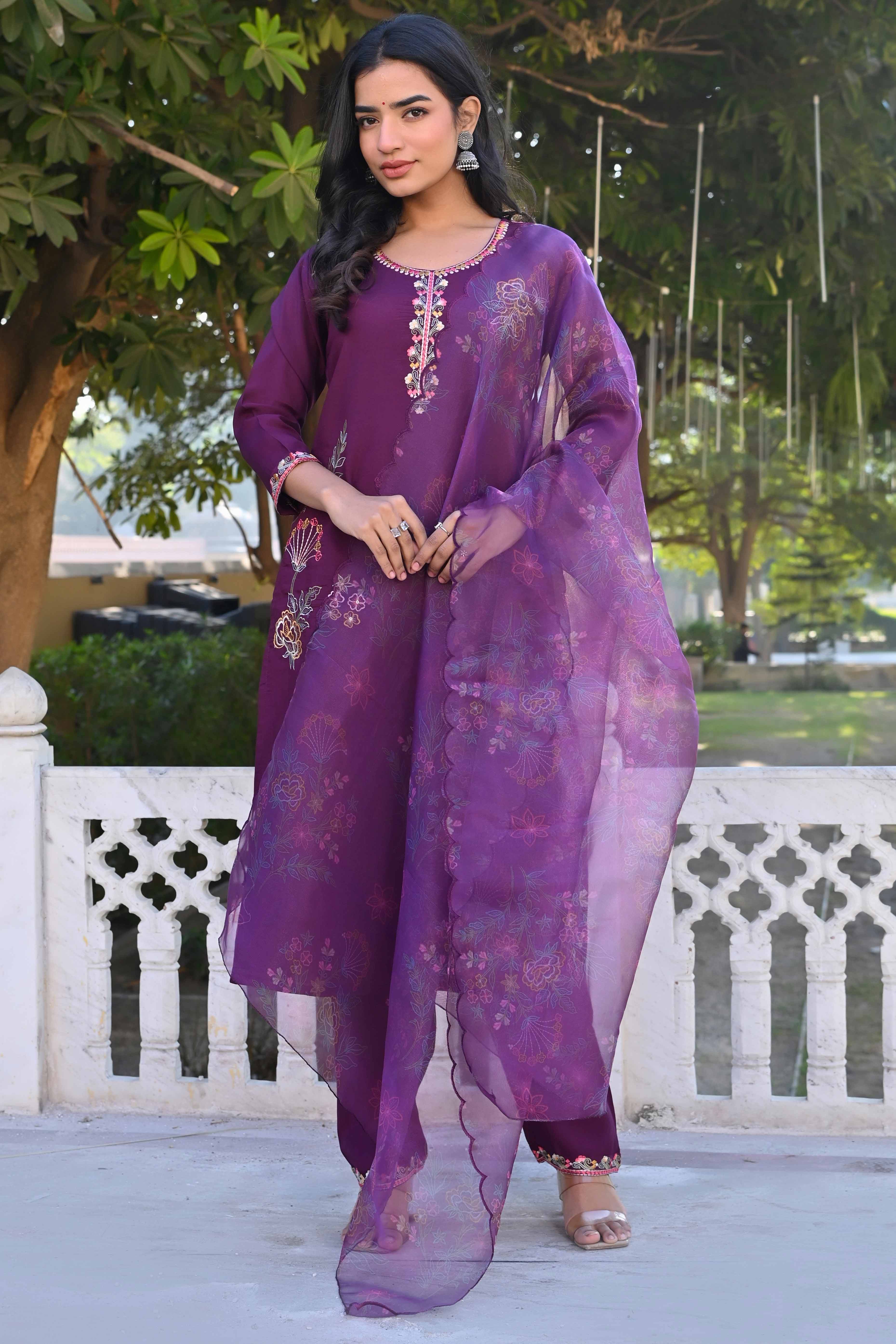 Dark Purple Floral Hand Work Viscose Straight Salwar Suit