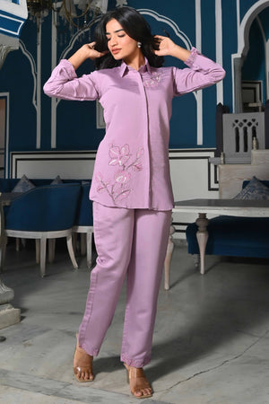 Mauve Floral Hand Work Embroidered Chanderi Co-Ord Set