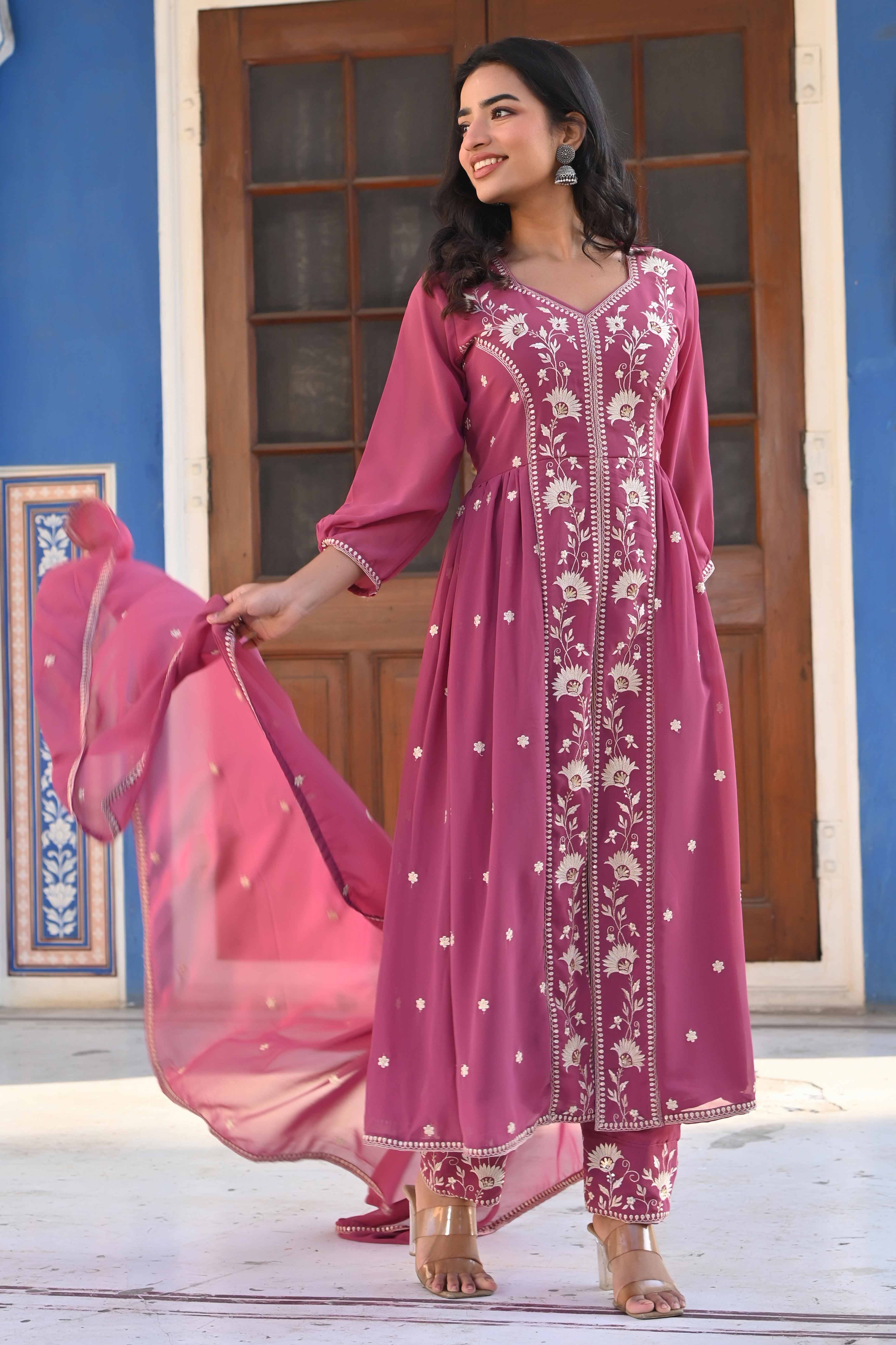 Mauve Floral Embroidered Georgette Front Slit Salwar Suit