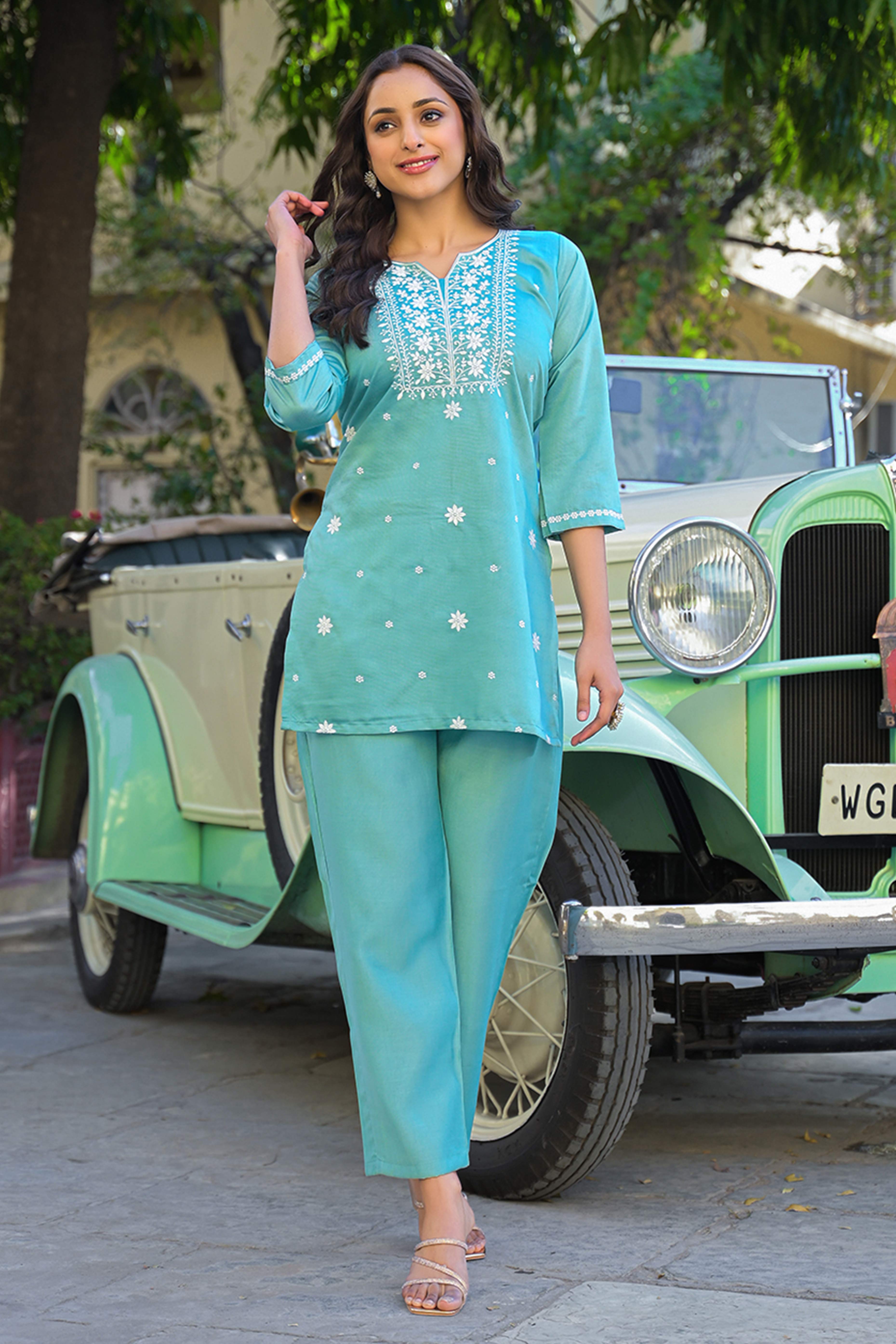 Mint Green Floral Embroidered Viscose Gadwal Silk Top Bottom Set