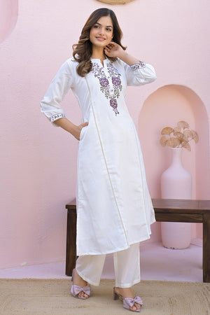 White Viscose Mango Silk A-Line Kurti with Floral Embroidery On Neck