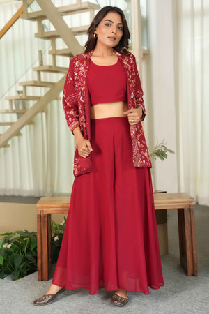 Maroon Solid Co-Ord Ensemble in Chanderi Silk with Heavily Embroidered Coat