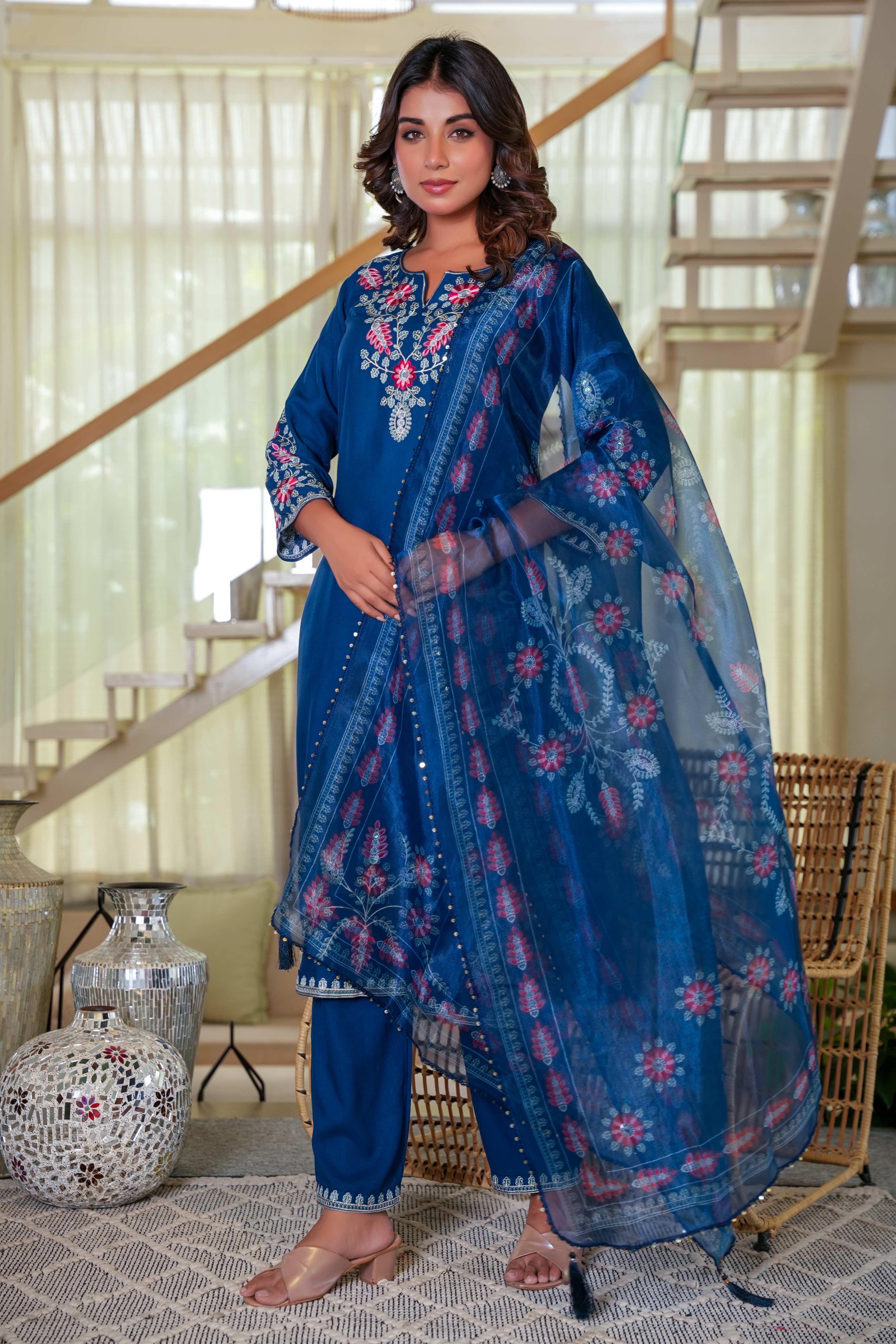 Navy Blue Heavy Viscose Rayon Straight Suit with Delicate Floral Embroidery for Graceful Style