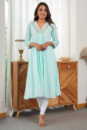 Soft Sky Blue Rayon A-Line Dress Accented with Fine Neck Embroidery