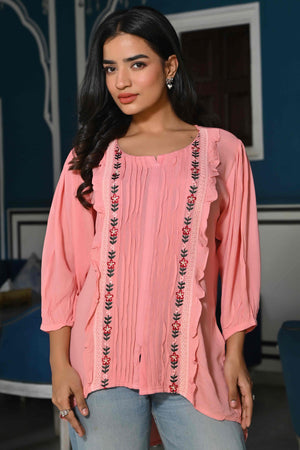 Pink Floral Embroidered Rayon Rinkal Top