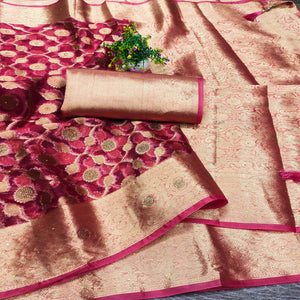 Pink Stone Work Woven Organza Jacquard Saree