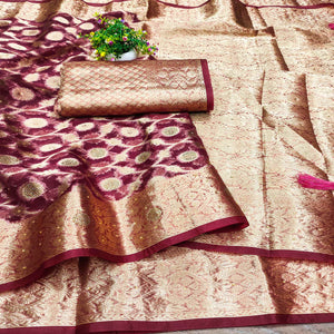Wine Stone Work Woven Organza Jacquard Saree