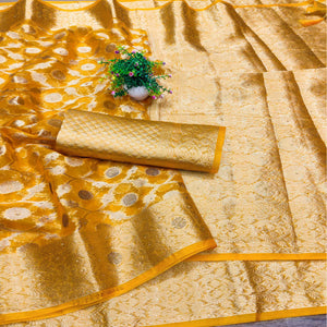Yellow Stone Work Woven Organza Jacquard Saree