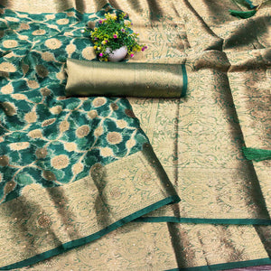 Dark Teal Stone Work Woven Organza Jacquard Saree