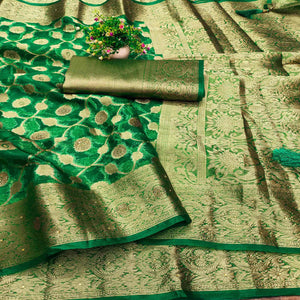 Green Stone Work Woven Organza Jacquard Saree