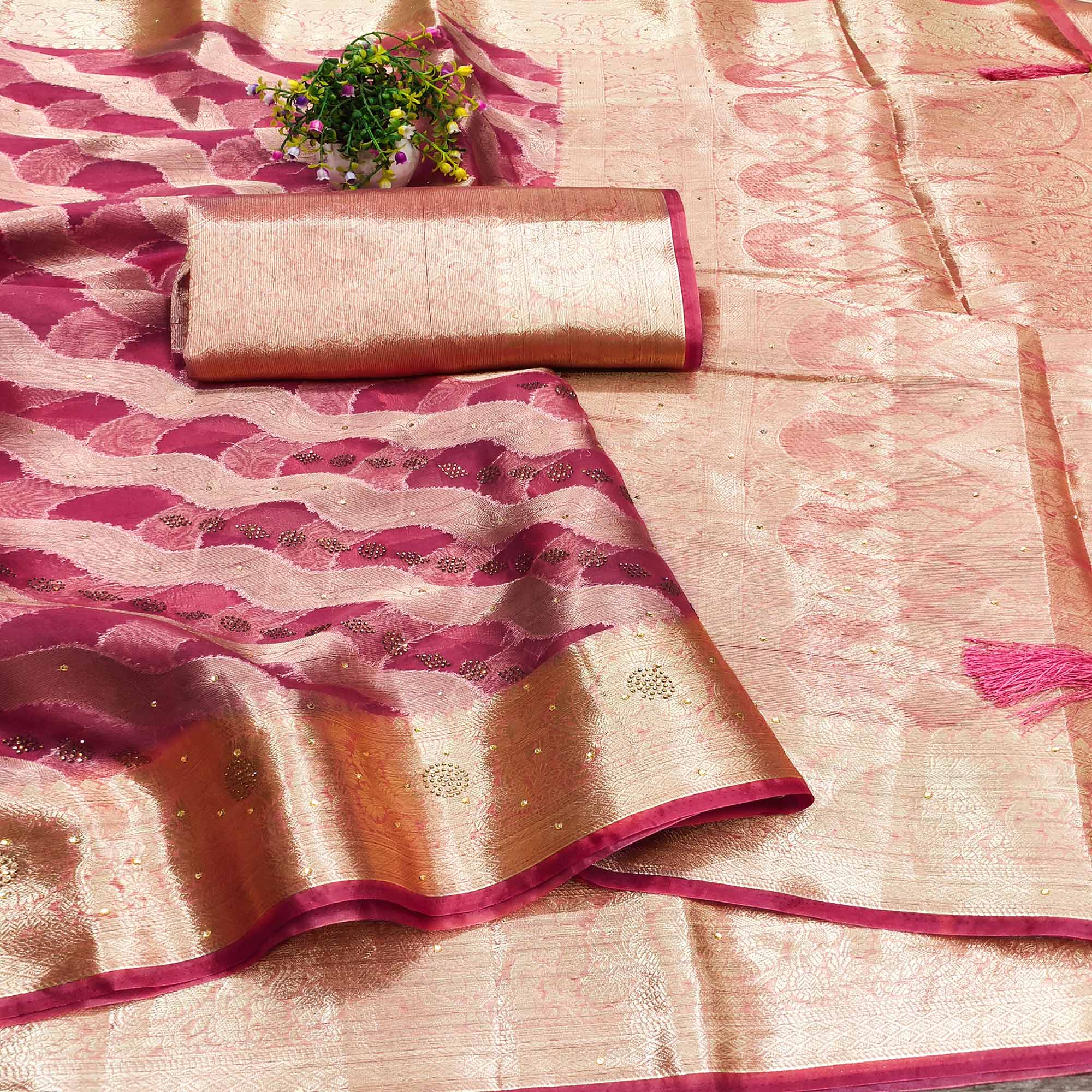 Pink Stone Work Woven Organza Jacquard Saree