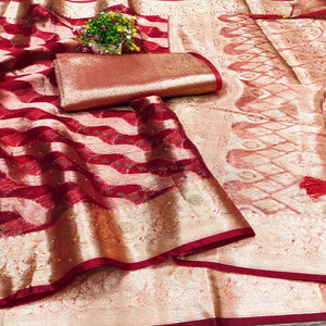 Wine Stone Work Woven Organza Jacquard Saree