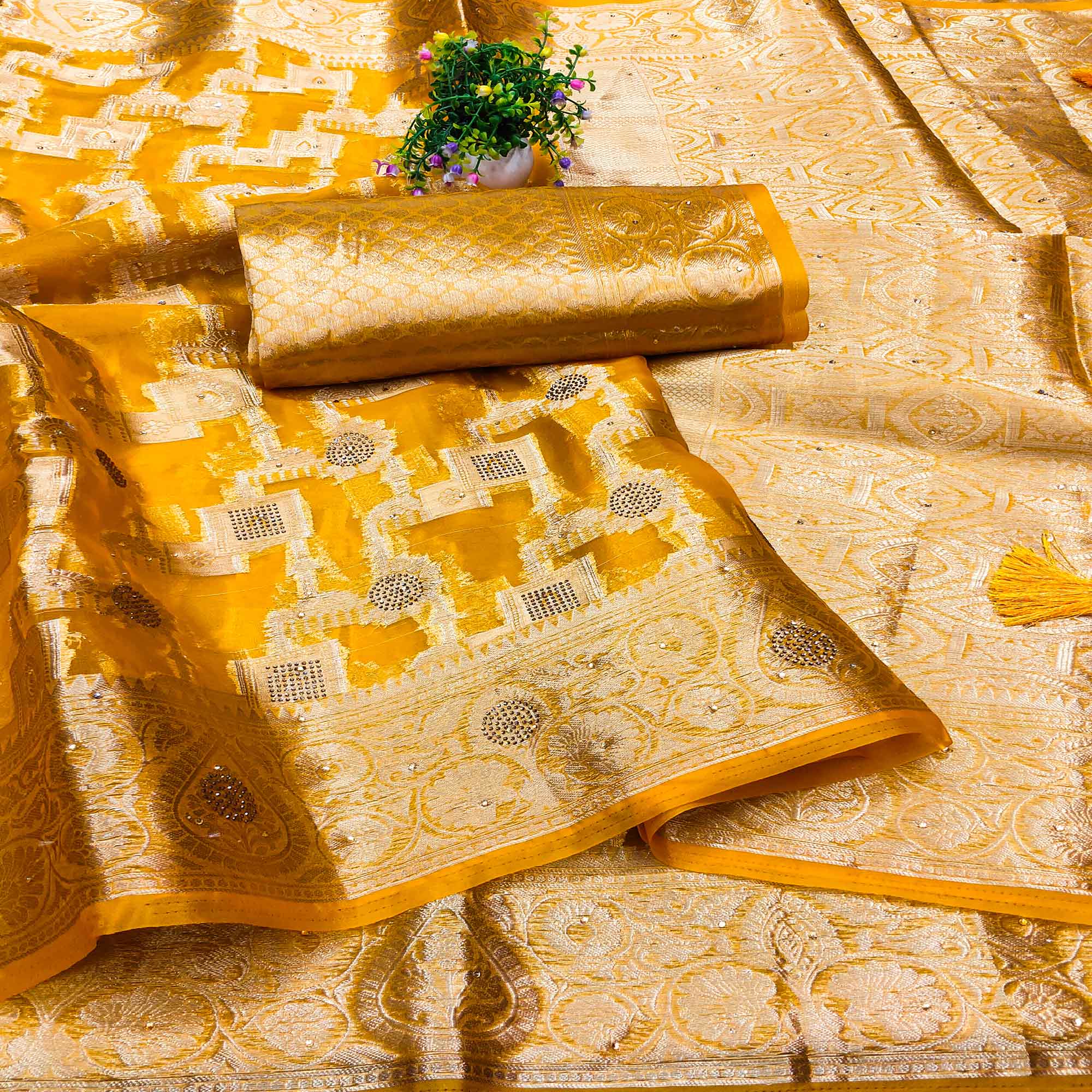 Mustard Stone Work Woven Organza Jacquard Saree