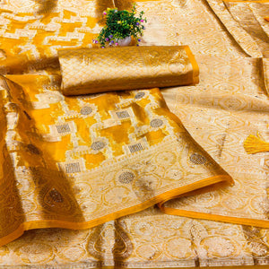 Mustard Stone Work Woven Organza Jacquard Saree