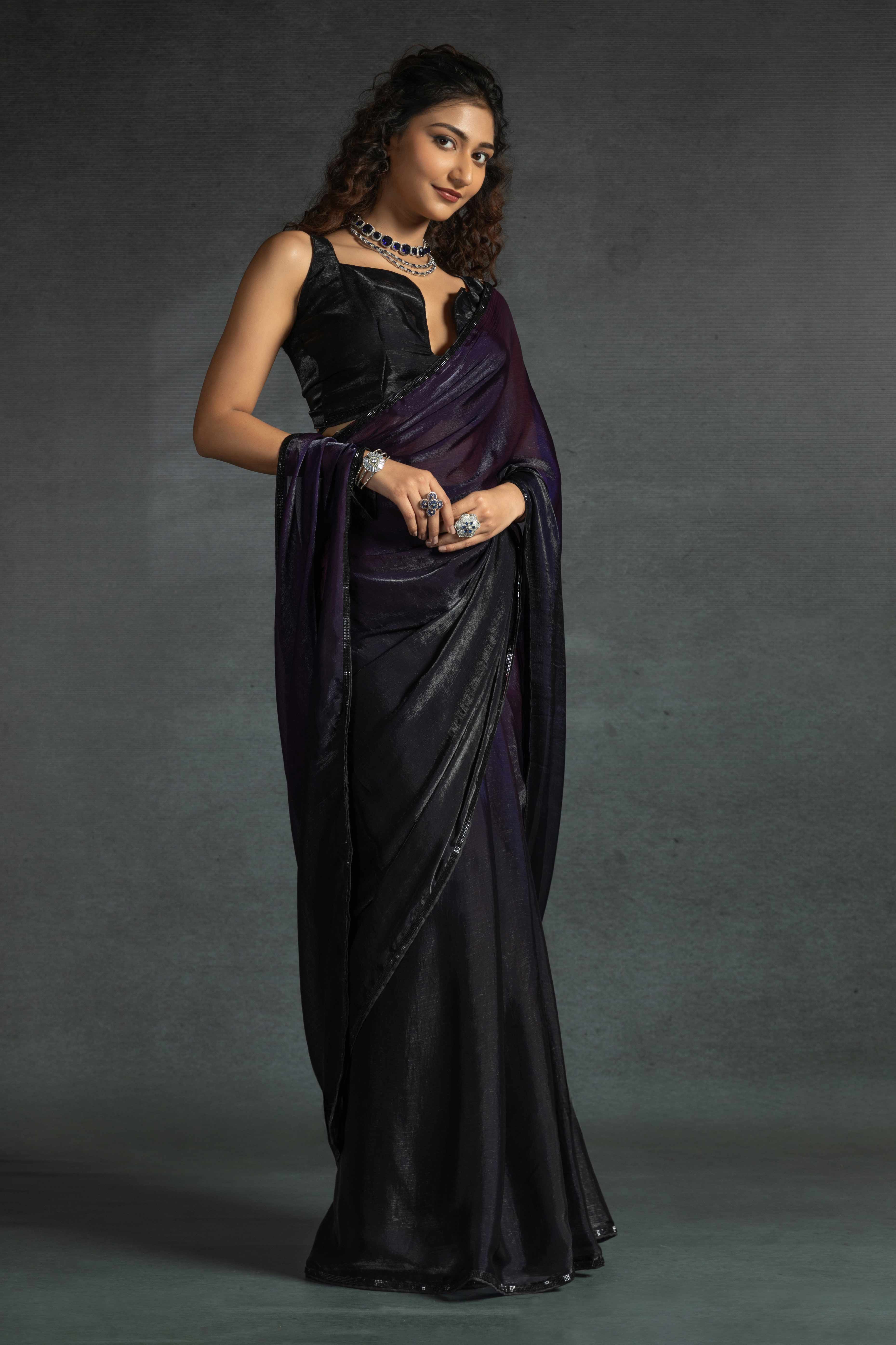 Violet Satin Ready To Wear Saree with Soft Ombre Tones and Intricate Stone Border