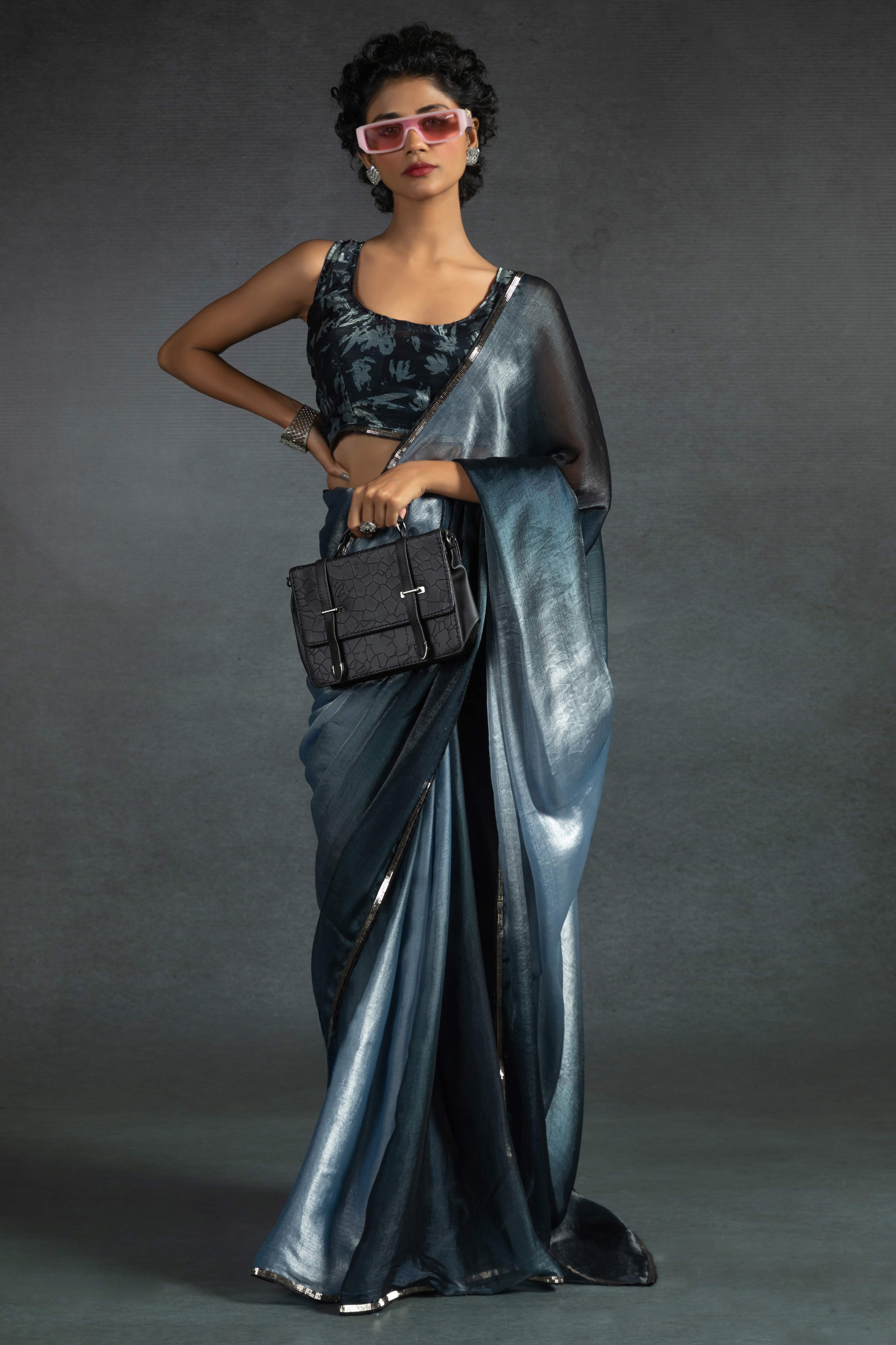 Bluish Grey Solid With Stone Work Satin Silk Ombre Ready To Wear Saree