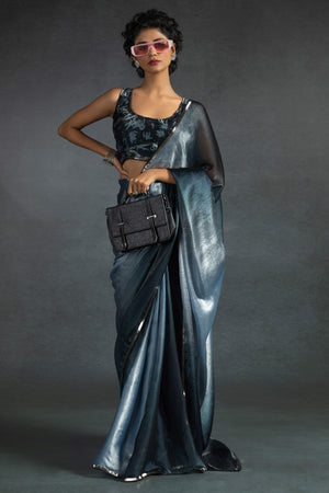 Bluish Grey Solid With Stone Work Satin Silk Ombre Ready To Wear Saree