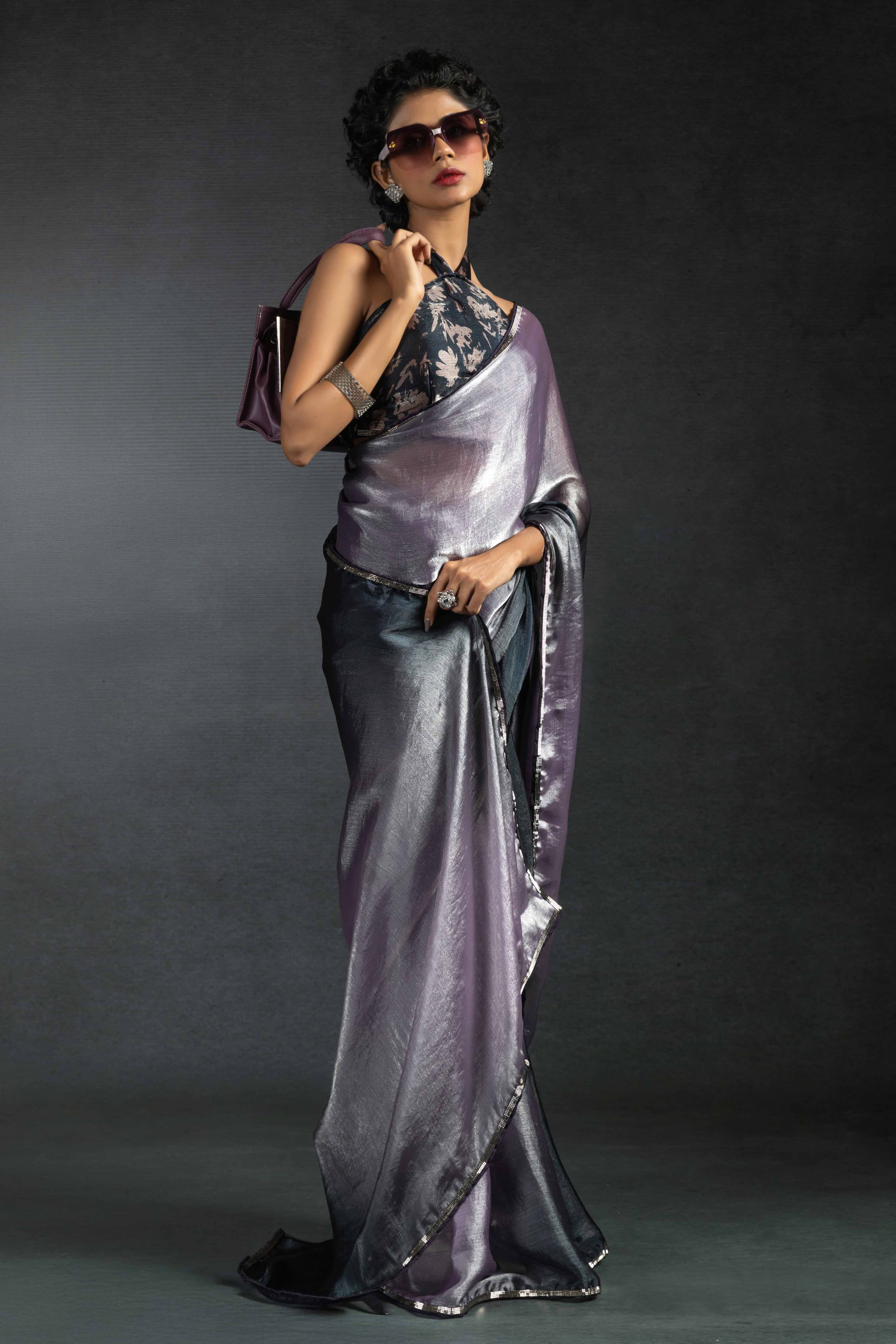 Lavender Solid With Stone Work Satin Silk Ombre Ready To Wear Saree