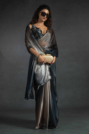 Brown Solid With Stone Work Satin Silk Ombre Ready To Wear Saree