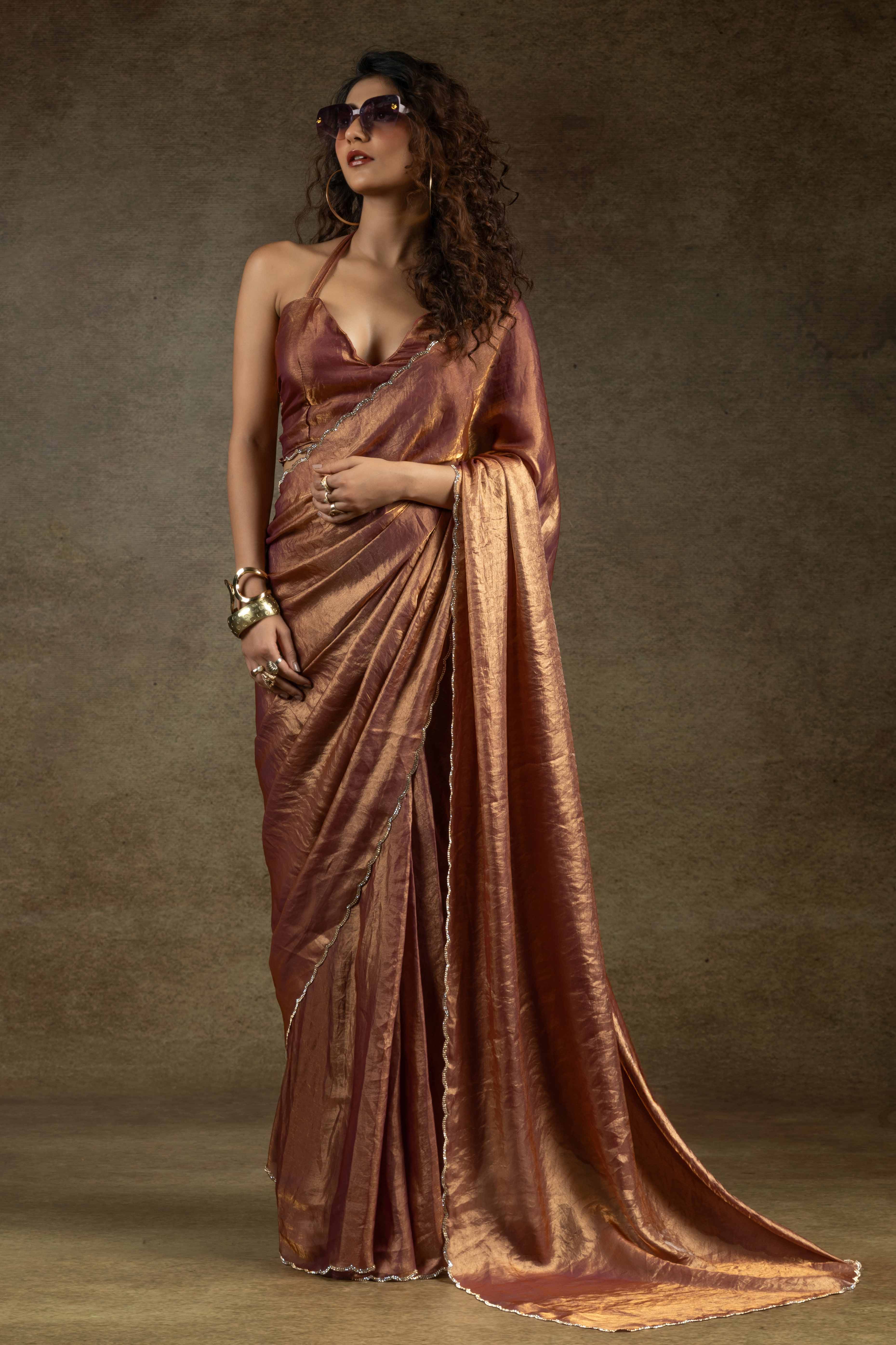 Brown Solid With Diamond Work Satin Ready To Wear Saree