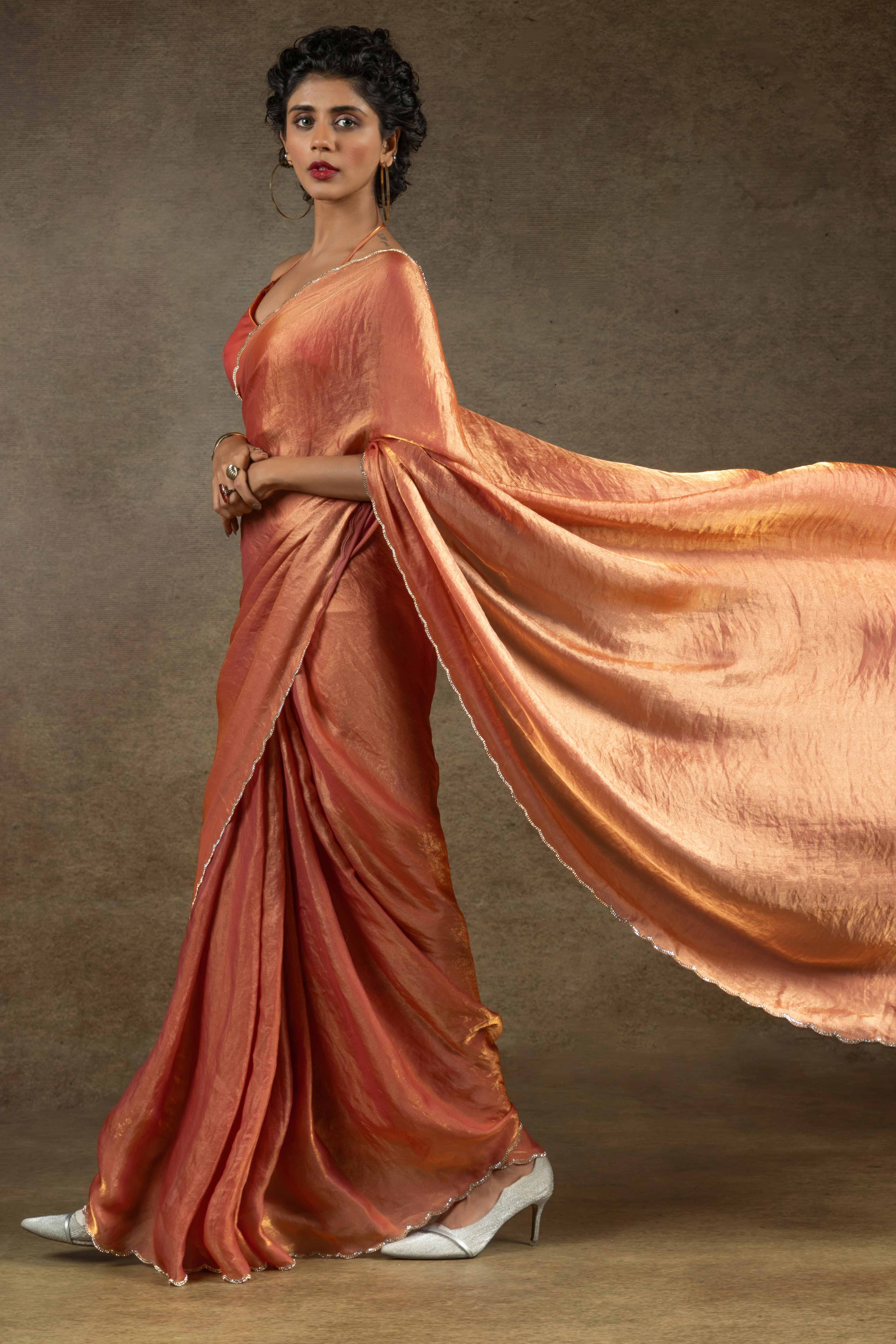 Orange Solid With Diamond Work Satin Ready To Wear Saree