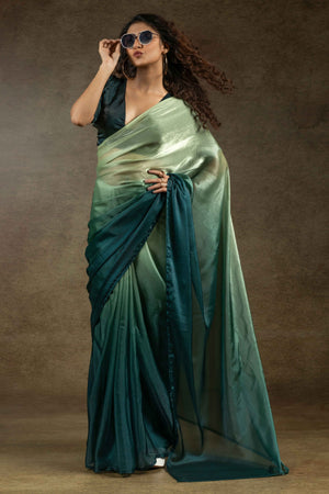 Pista Green & Bottle Green Ombre Satin Saree in Solid Finish with Ready-to-Wear Silhouette