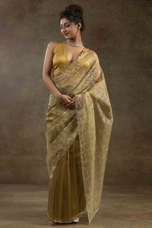 Golden Yellow Crush Foil Print With Delicate Zarkan Border Organza Ready To Wear Saree