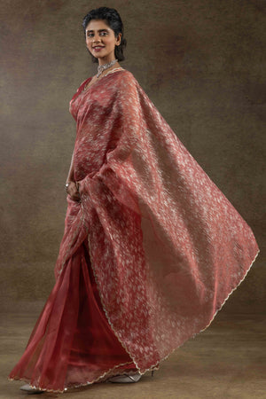 Dark Peach Crush Foil Print With Delicate Zarkan Border Organza Ready To Wear Saree
