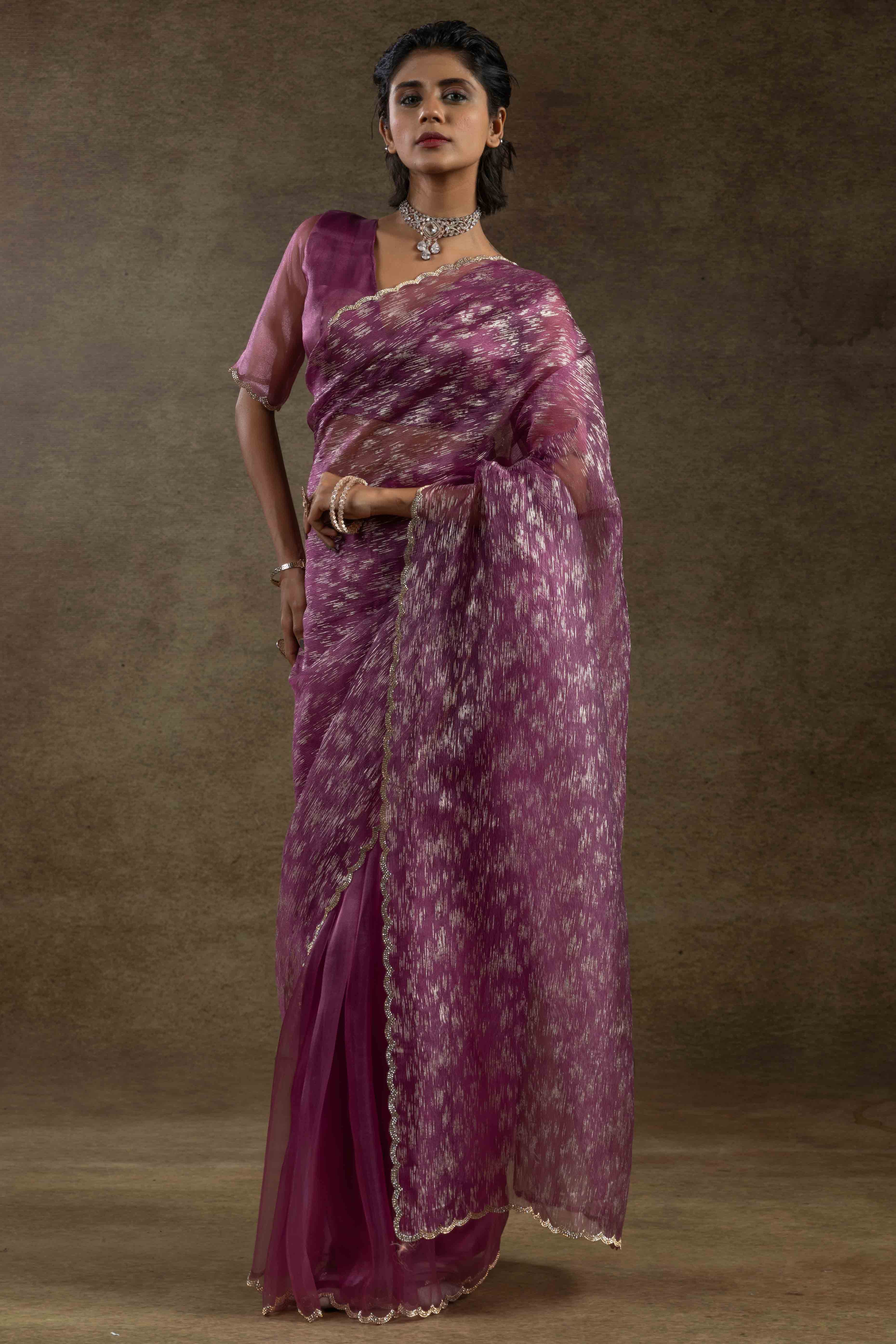 Purple Crush Foil Print With Delicate Zarkan Border Organza Ready To Wear Saree